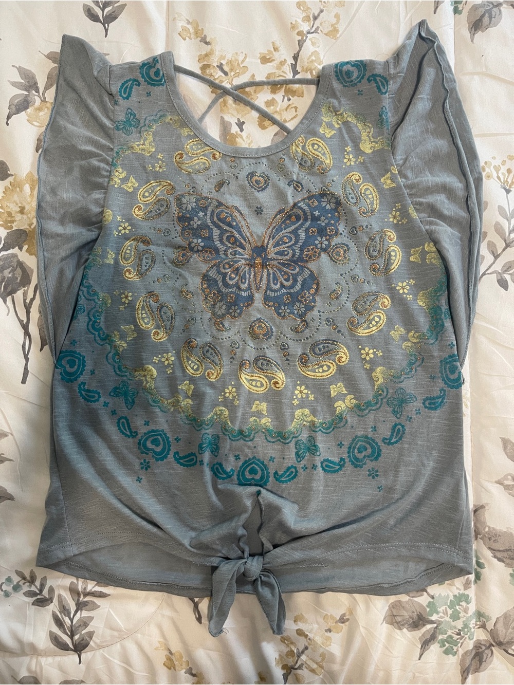Women’s Grey Butterfly Paisley Tie-Front Top